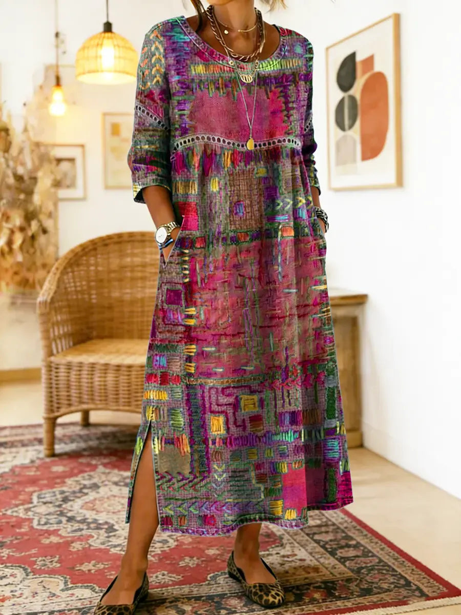 Manuela | Boho Printed Denim Dress with Ethnic Patchwork
