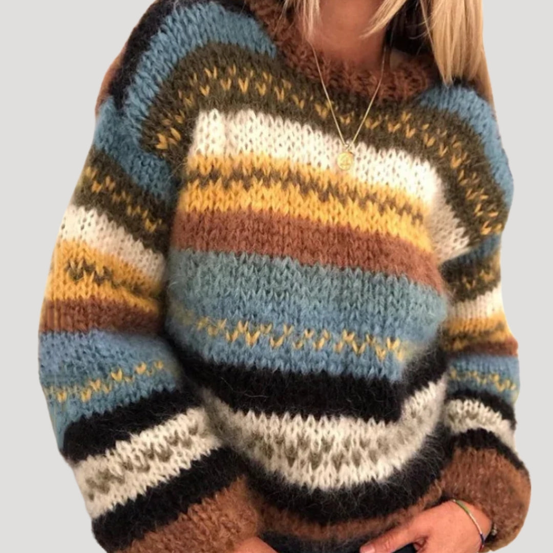 Women’s Oversized Striped Sweater with Fluffy Textured Knit – Relaxed Round-Neck Design with Voluminous Sleeves for Winter Layering