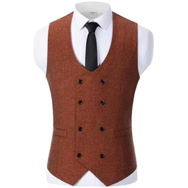 Men’s Double-Breasted Wool Tweed Waistcoat with V-Neck – Vintage Tailored Suit Vest for Weddings and Groomsmen