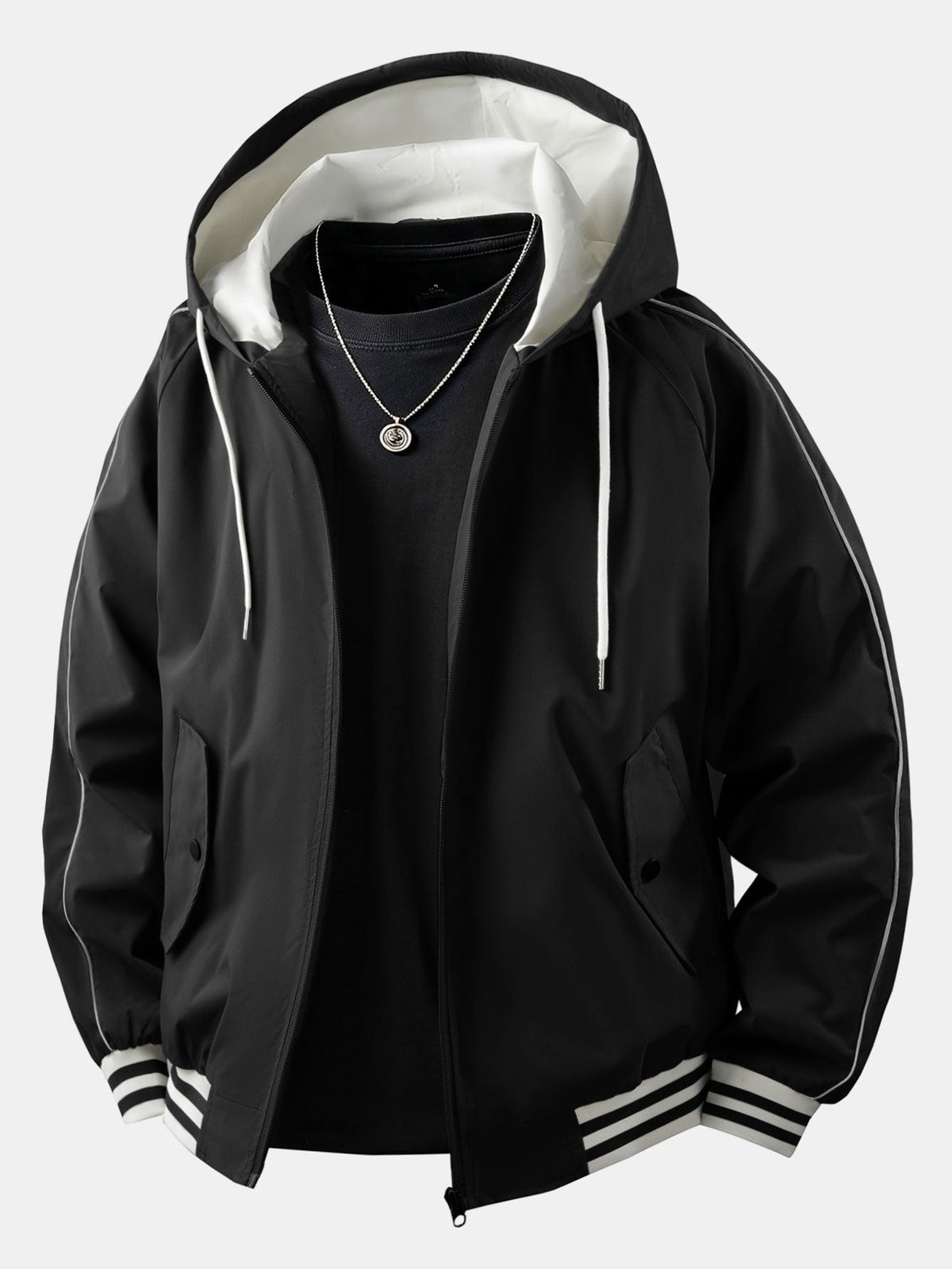 Men's Relaxed Hooded Bomber Jacket – Contrast Lined Zip-Up Outerwear with Striped Ribbed Trims for Casual Streetwear