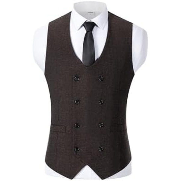Men’s Double-Breasted Wool Tweed Waistcoat with V-Neck – Vintage Tailored Suit Vest for Weddings and Groomsmen