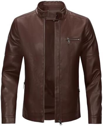 Men’s Sleek Faux-Leather Biker Jacket – Minimal Stand-Collar Zip-Up Moto Layer with Chest Pocket and Clean Panelled Finish for Autumn Travel Weekend Casual Evenings Commuting and Everyday Urban Styling