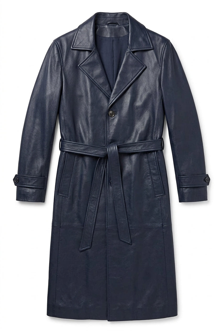 Men’s Lamb Nappa Leather Trench Coat with Tie Belt – Full-Length Satin-Lined Outerwear for Cooler Months