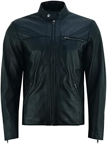 Men’s Genuine Lambskin Leather Racer Jacket – Streamlined Snap-Collar Zip Layer with Minimal Pocket Detailing for Autumn Commuting Smart Casual Evenings and Everyday City Dressing