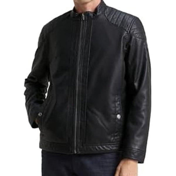 Men’s Quilted-Shoulder Faux-Leather Moto Jacket – Clean Stand-Neck Zip Layer with Structured Panel Detailing for Autumn Commuting Weekend Travel Smart Casual Evenings and Everyday City Wear