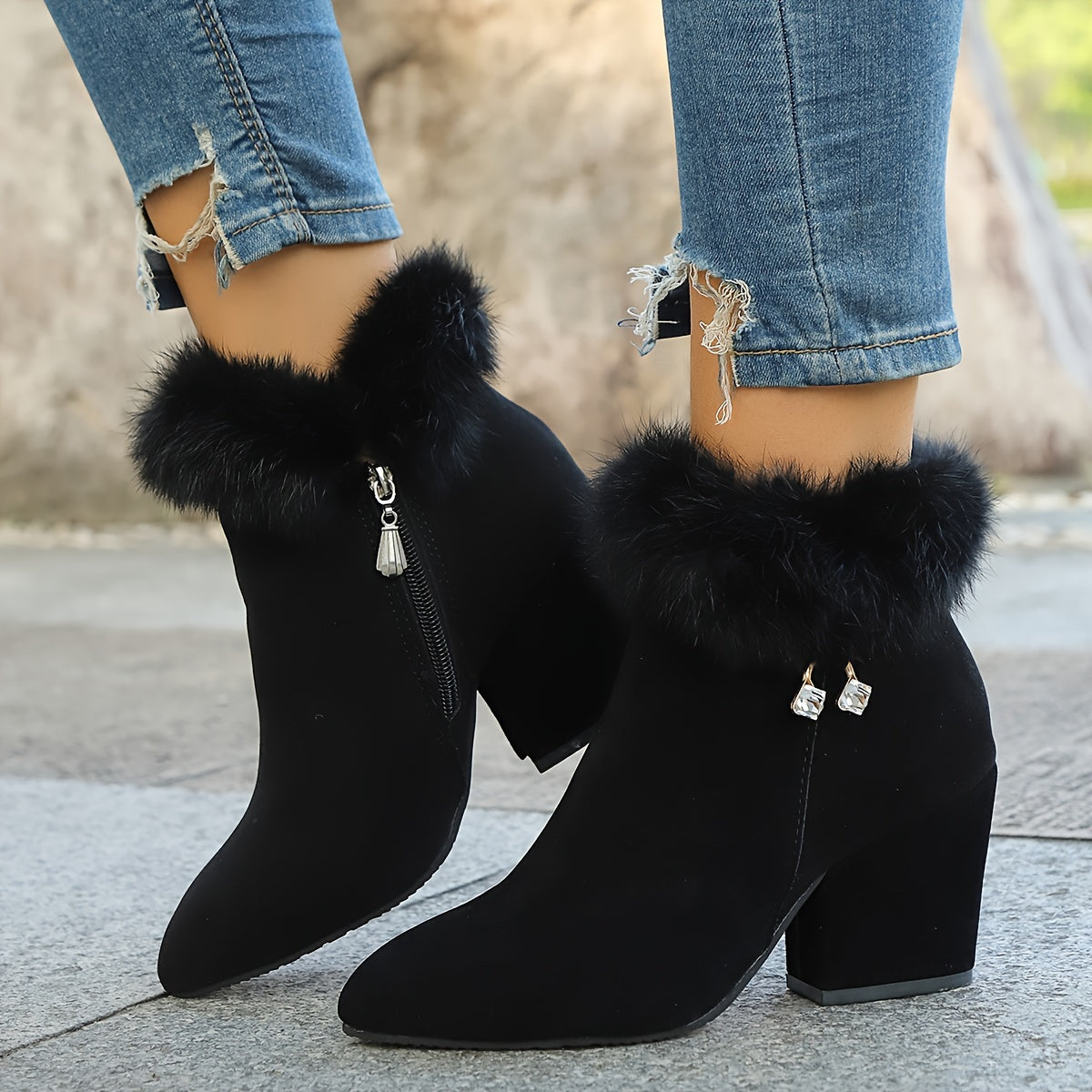 Women's Faux-Fur Trim Ankle Boots Block Heel Side Zip