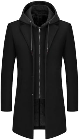 Men’s Hooded Wool Blend Winter Coat – Long Tailored Overcoat with Layered Zip-Up Front for Smart Casual Autumn and Winter Wear