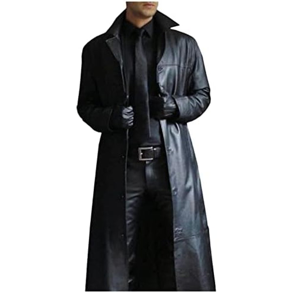 Men’s Long Faux Leather Gothic Trench Coat – Vintage Single-Breasted Overcoat for Halloween Cosplay and Alternative Fashion