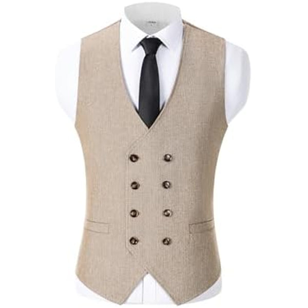 Men’s Double-Breasted Wool Tweed Waistcoat with V-Neck – Vintage Tailored Suit Vest for Weddings and Groomsmen