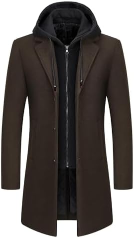 Men’s Hooded Wool Blend Winter Coat – Long Tailored Overcoat with Layered Zip-Up Front for Smart Casual Autumn and Winter Wear