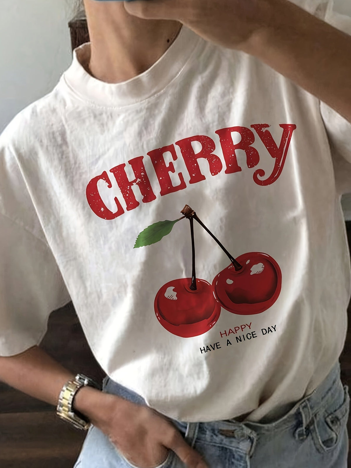 Women’s Cherry Graphic T-Shirt with Short Sleeves – Relaxed Crew Neck Style for Casual Summer Outfits