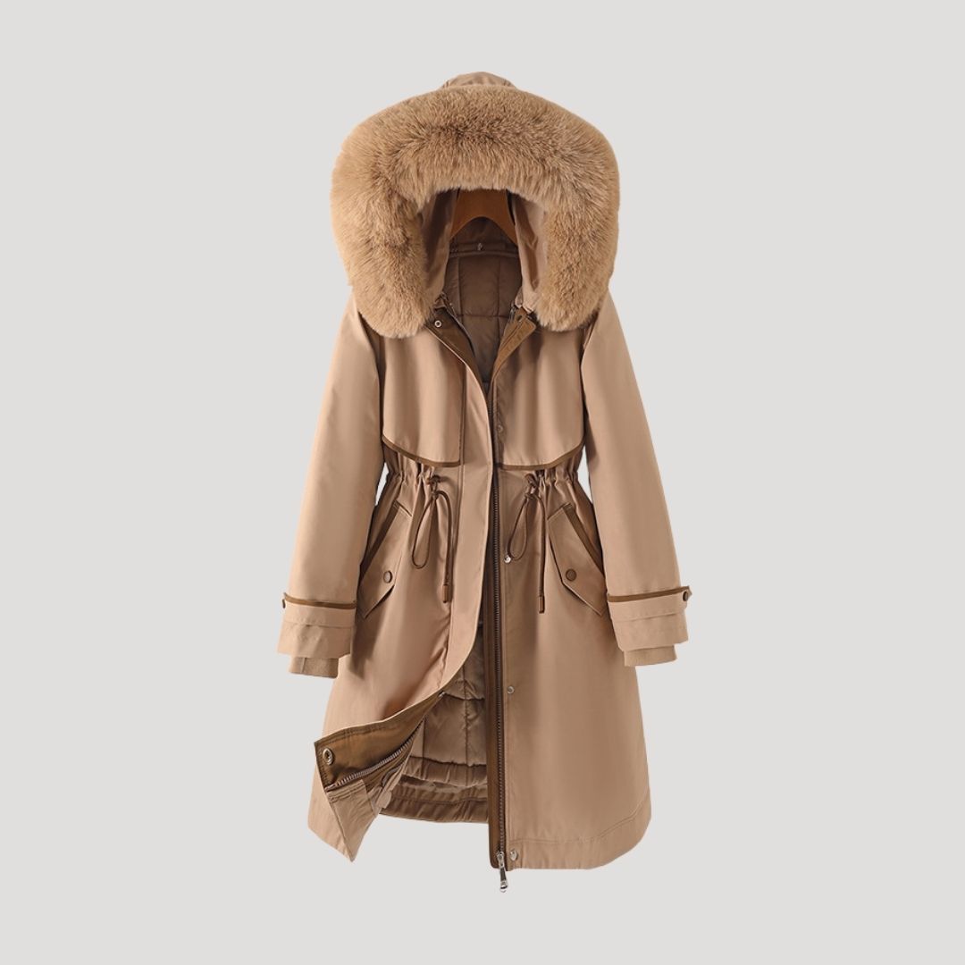 Women’s Longline Parka with Detachable Faux Fur Hood Trim – Adjustable Drawstring Waist and Quilted Lining for Winter Layering