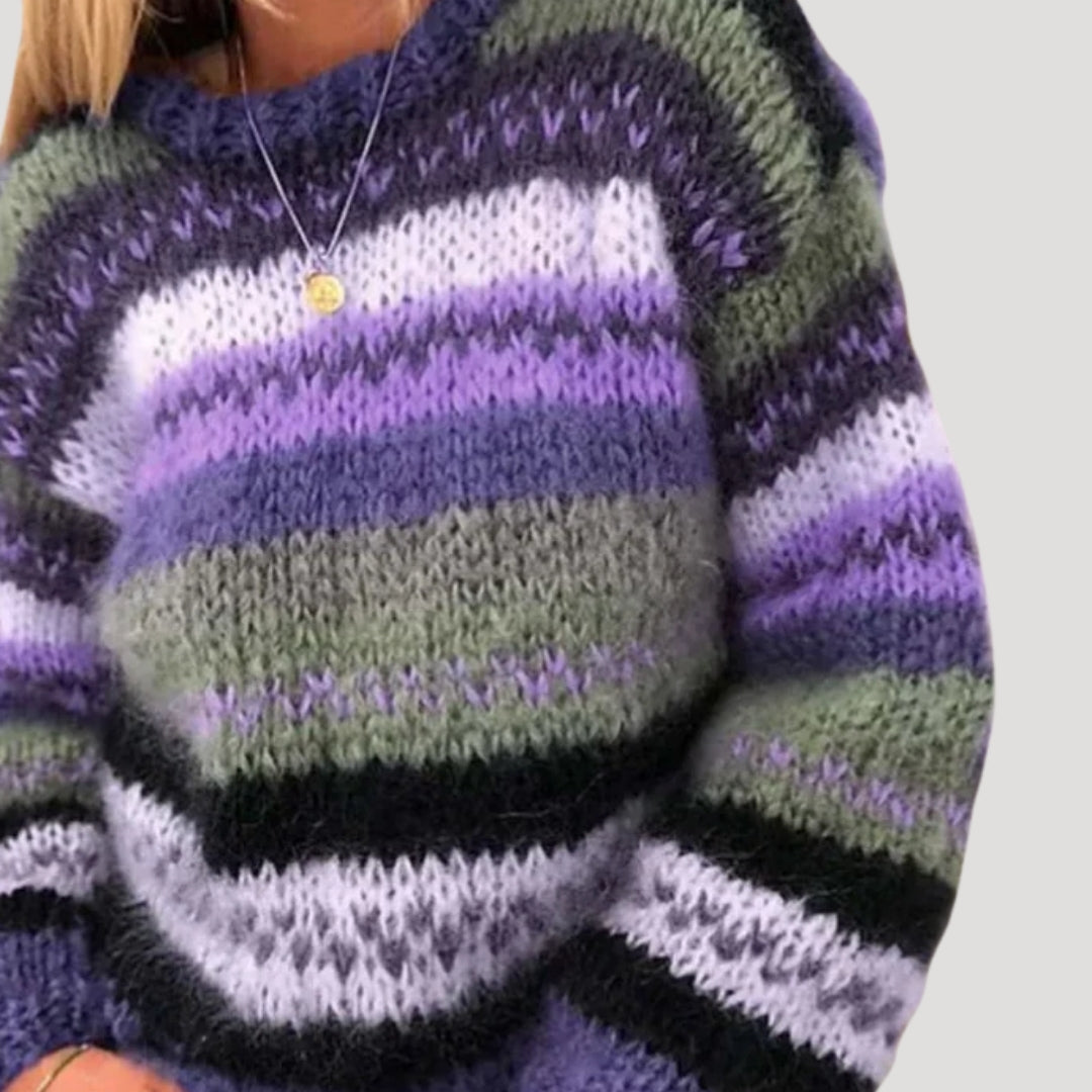 Women’s Oversized Striped Sweater with Fluffy Textured Knit – Relaxed Round-Neck Design with Voluminous Sleeves for Winter Layering