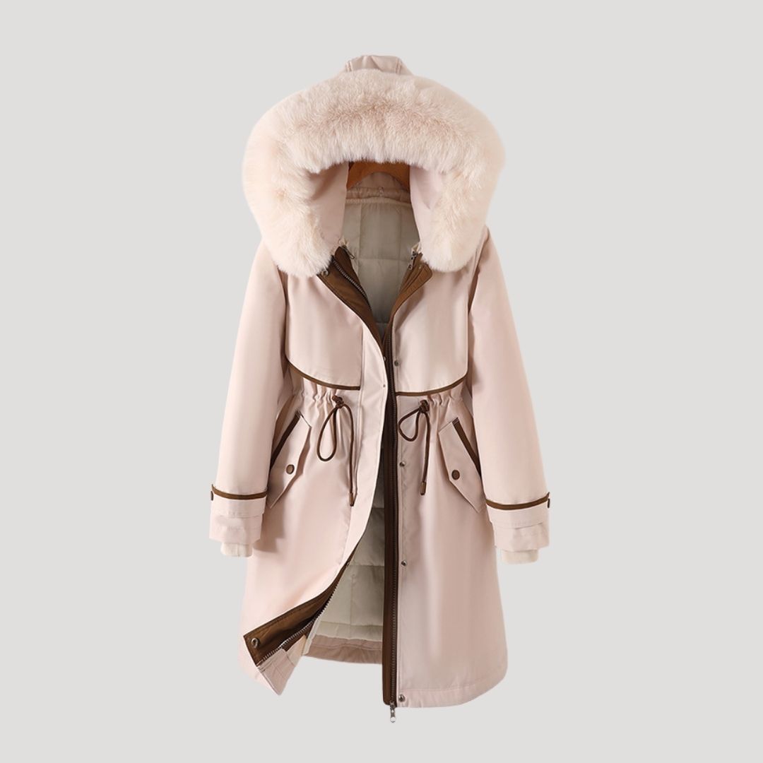 Women’s Longline Hooded Winter Parka with Detachable Faux Fur Trim – Warm Zip-Up Coat with Adjustable Waist for Cold Weather