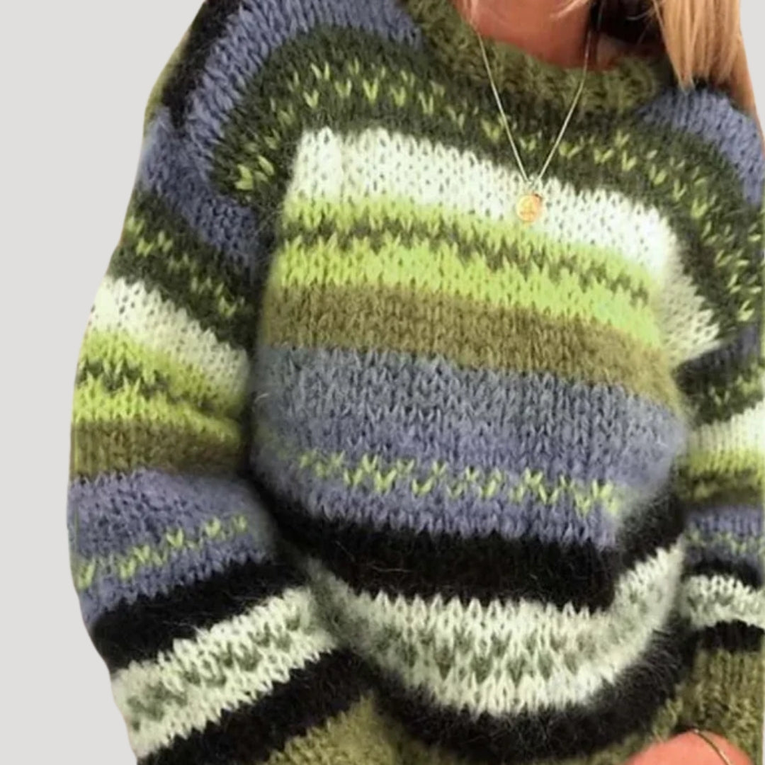 Women’s Oversized Striped Sweater with Fluffy Textured Knit – Relaxed Round-Neck Design with Voluminous Sleeves for Winter Layering
