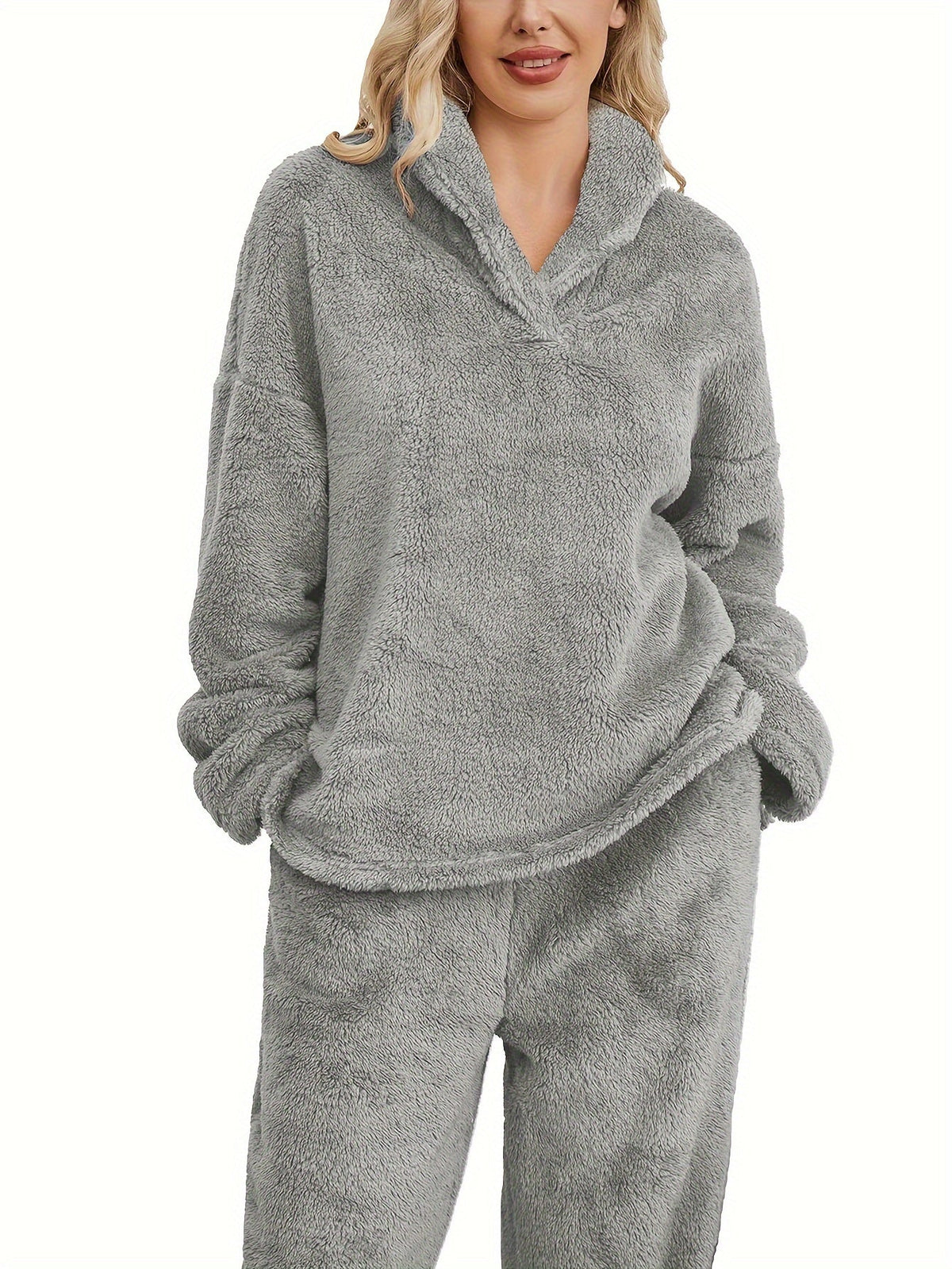 Women's Fleece Loungewear Set Shawl Collar Hoodie Trousers