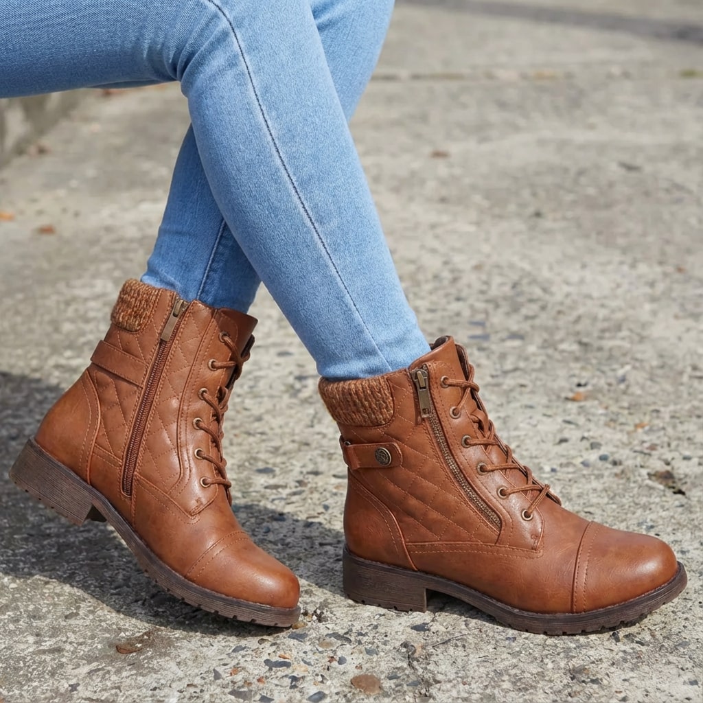 Women’s Lace-Up Ankle Boots with Knitted Cuff