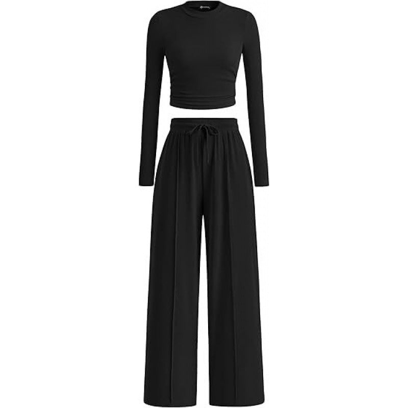 Women's Long-Sleeve Fitted Top and Wide-Leg Trousers Set – Minimalist Two-Piece Outfit for Everyday Casual Wear