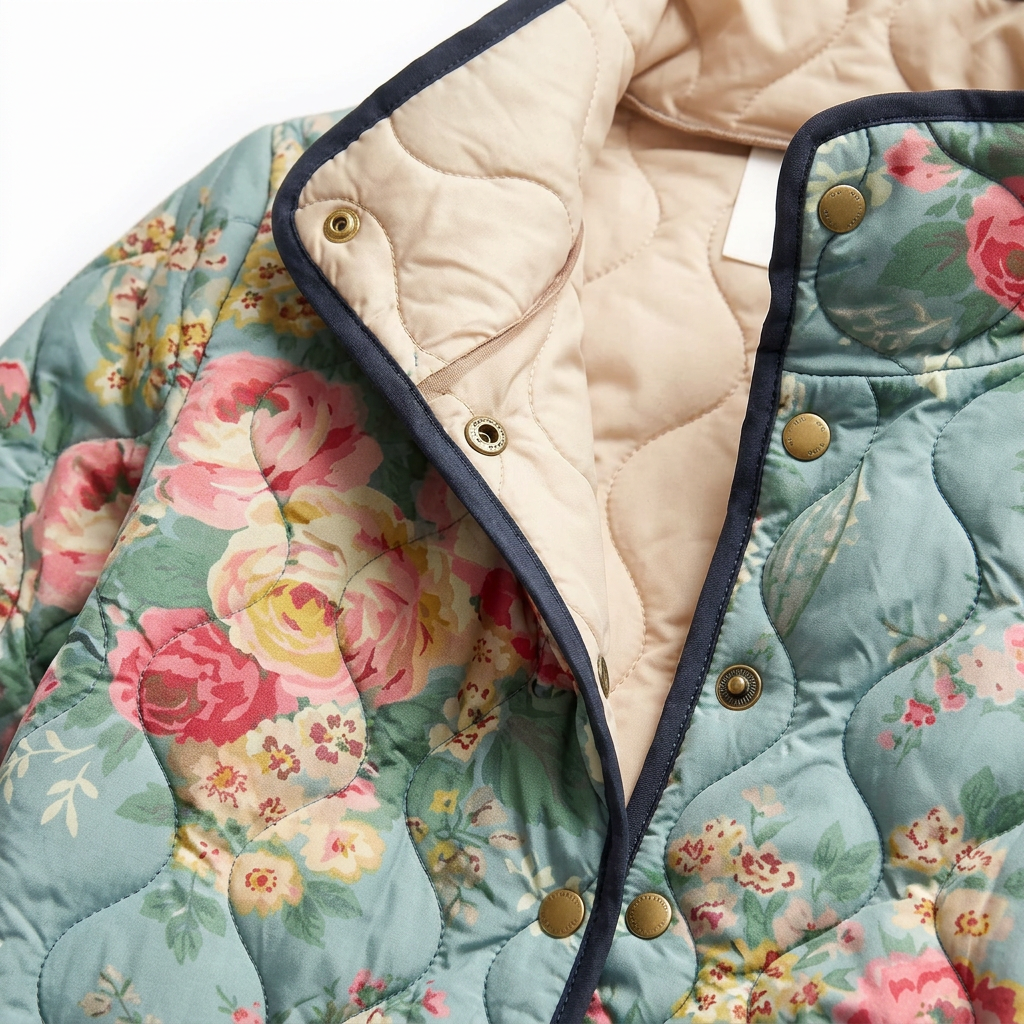 Women's Lightweight Quilted Jacket with Printed Design and Stand Collar – Relaxed Fit Long Sleeve Casual Outerwear with Button and Zip Fastening for Spring and Autumn Everyday Wear