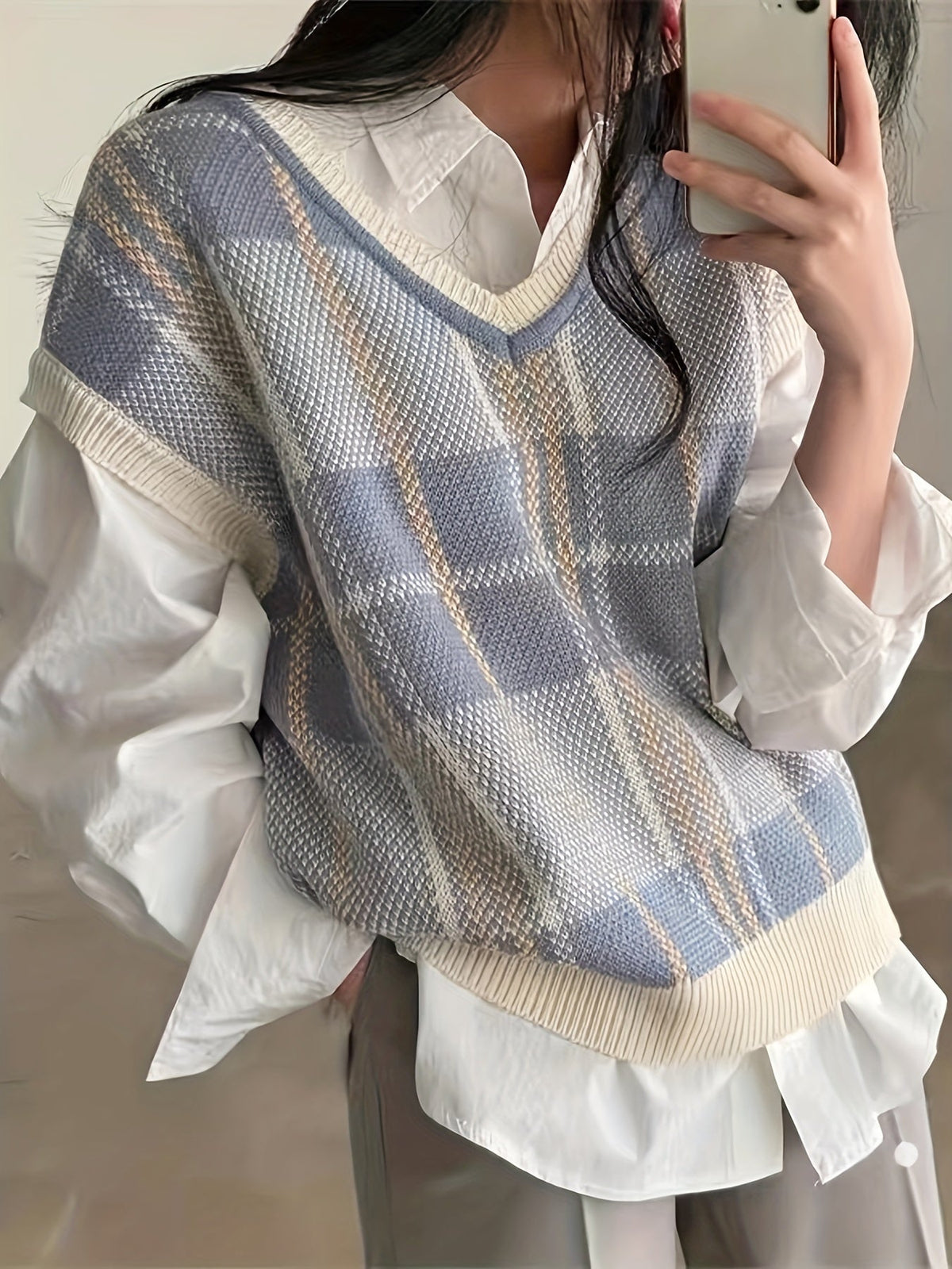 Marnie | Vintage Plaid V Neck Knit Sweater Vest