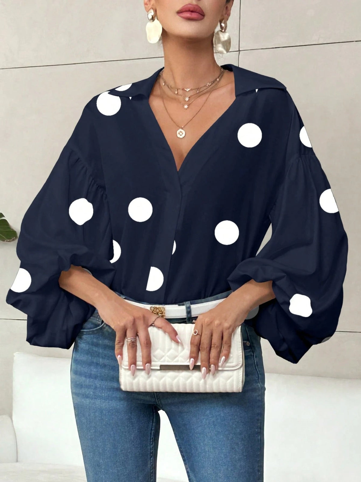 Women's Elegant Printed V Neck Blouse with Balloon Sleeves – Relaxed Lightweight Style for Office and Smart Casual Wear