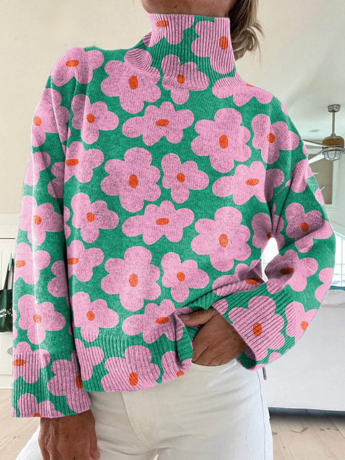 Aspen | Floral Roll Neck Knit Turtleneck Sweater