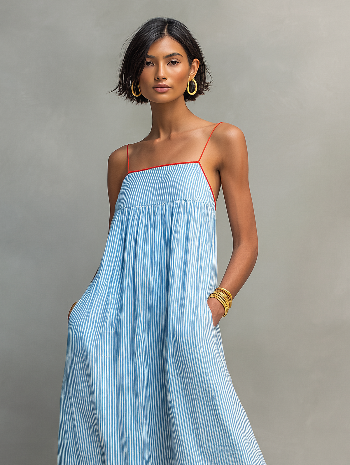 Women's Minimalist Sleeveless Backless Striped Maxi Dress With Red Trim And Spaghetti Straps