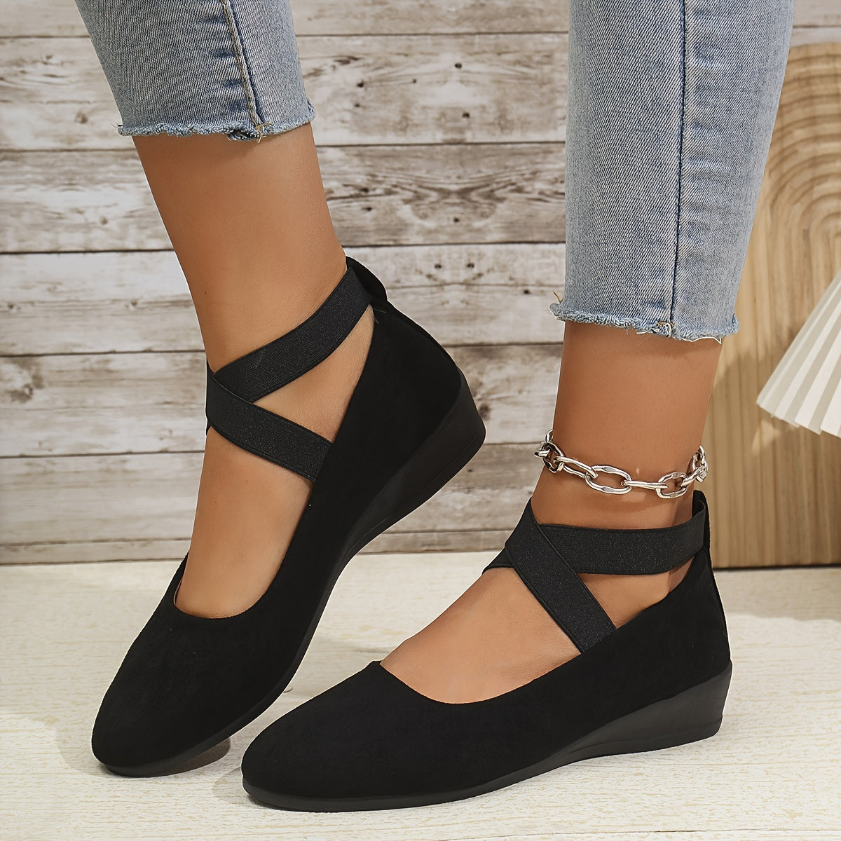 Women's Mary Jane Ballet Flats with Elastic Crossover Straps