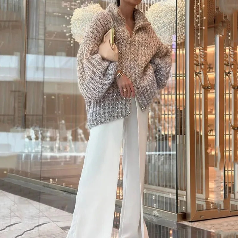Women’s Chunky Textured Knit Zip-Up Cardigan with High Collar – Oversized Longline Layer for Autumn and Winter