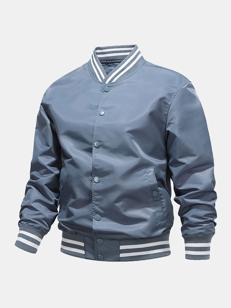 Men's Classic Baseball Bomber Jacket – Snap-Button Varsity Style Outerwear with Striped Ribbed Trims for Casual Spring and Autumn Wear