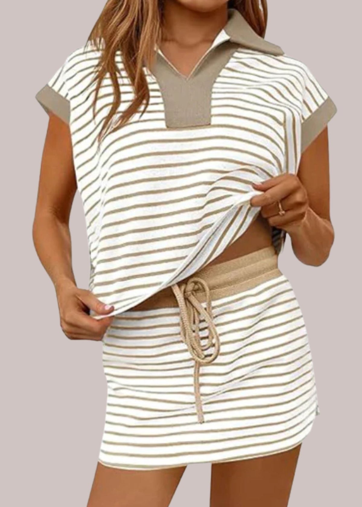 Women’s Relaxed Long Sleeve Polo Top and Drawstring Skort Set – Printed Two-Piece Summer Outfit for Casual Everyday Wear