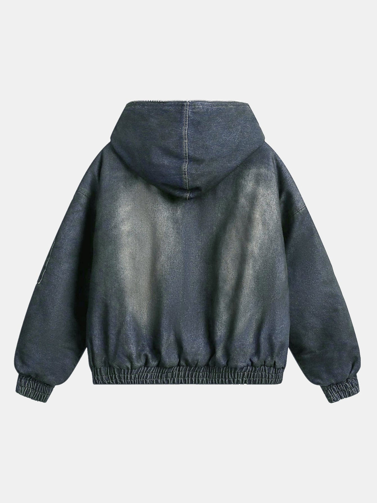 Men's Washed Denim Hooded Bomber Jacket – Oversized Winter Outerwear with Faux Fur Trim and Utility Sleeve Pocket
