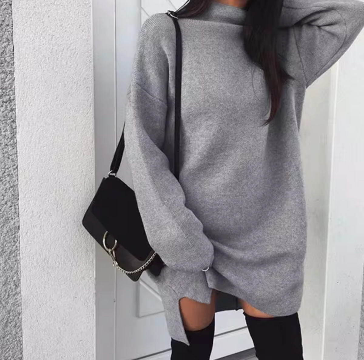 Women’s Wool and Cashmere Sweater Dress with High Neck and Side Splits – Oversized Knitted Mini Style for Cosy Autumn and Winter Dressing