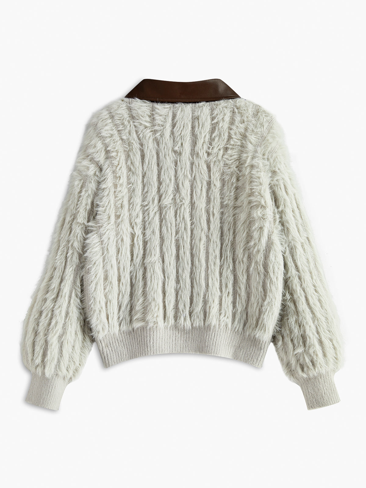 Women's Fluffy Knit Button Front Cardigan – Soft Textured Long Sleeve Cropped Cardigan with Contrast PU Collar for Autumn and Winter
