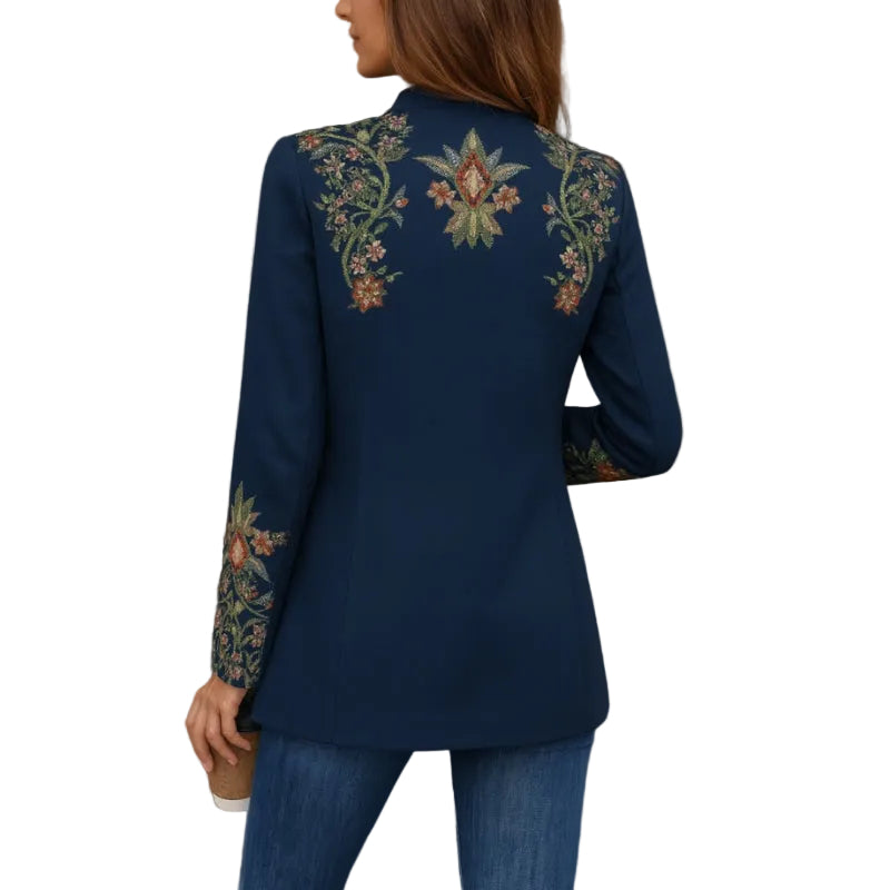 Women's Floral Print Longline Jacket with Decorative Buttons – Relaxed Mandarin Collar Lightweight Jacket with Flap Pocket Details for Spring and Autumn