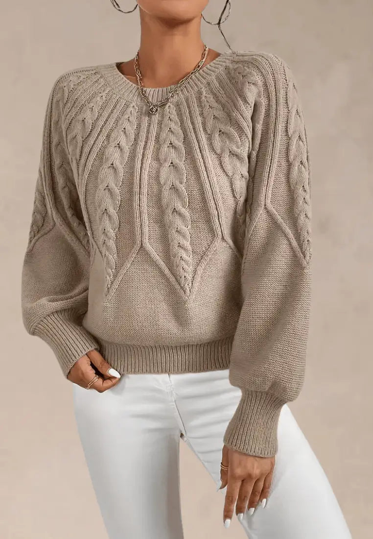 Women's Elegant Cable Knit Crew Neck Sweater with Puff Sleeves and Ribbed Cuffs – Relaxed Fit Textured Long Sleeve Knitted Pullover for Smart Casual Autumn and Winter Everyday Wear