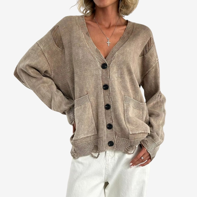 Women's Vintage Washed Distressed Knitted Cardigan with Pockets – Relaxed Long Sleeve V Neck Button Front Cardigan for Casual Autumn and Spring Layering