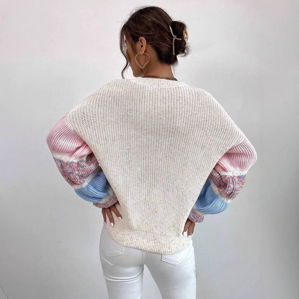 Women's Relaxed Colourblock Knit Sweater – Textured Crew Neck with Statement Balloon Sleeves for Autumn and Winter