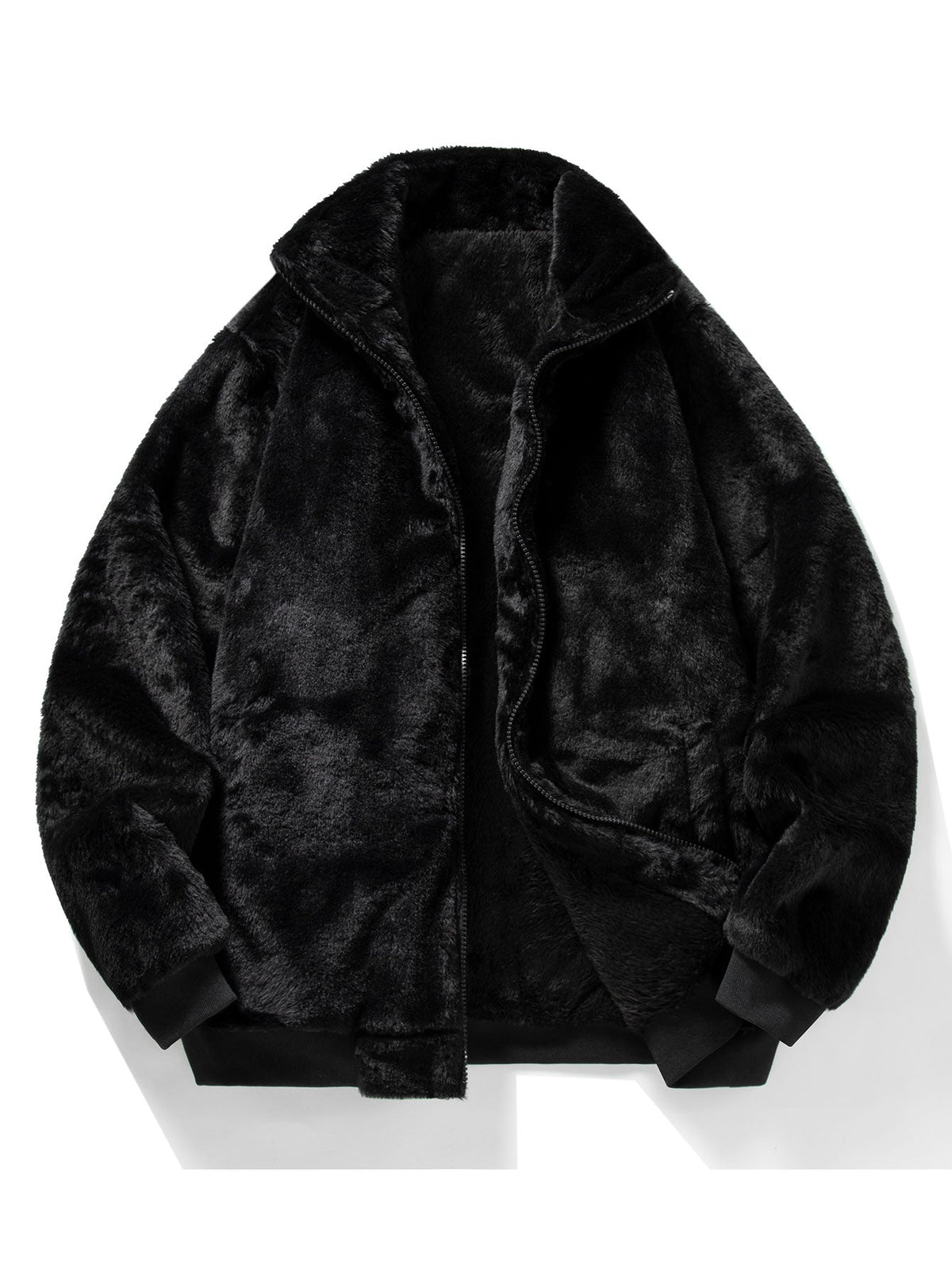 Men's Plush Faux Fur Zip-Up Jacket – Soft Textured Winter Outerwear with Stand Collar and Ribbed Trims for Casual Wear