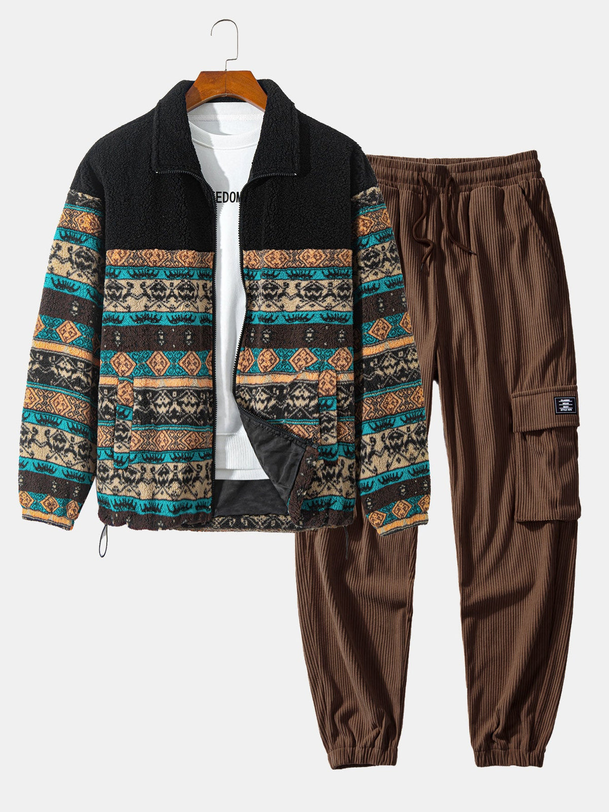 Men's Printed Teddy Fleece Jacket and Corduroy Cargo Jogger Set – Relaxed Zip-Up Outfit for Autumn and Winter Streetwear