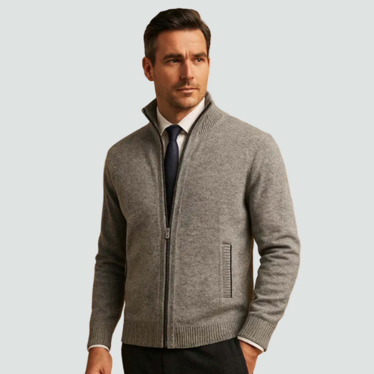 Men's Knitted Zip Cardigan with Stand Collar