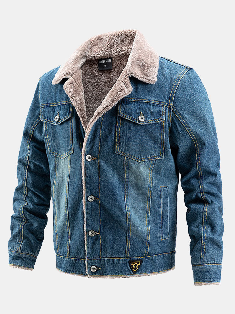 Men's Sherpa-Lined Denim Jacket with Button Front – Warm Vintage Style Outerwear for Autumn and Winter