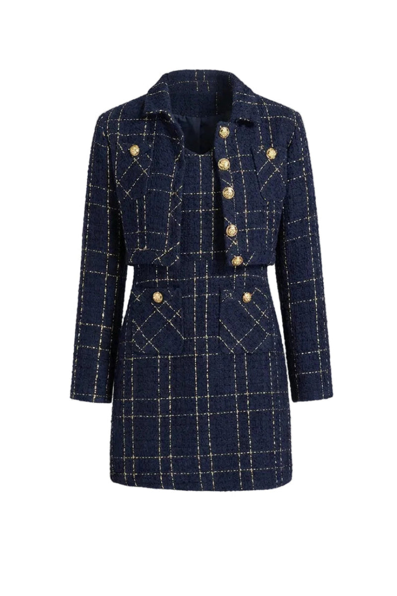 Women's Tailored Tweed Two-Piece Set – Cropped Button Front Blazer and Fitted Mini Dress for Elegant Autumn and Winter Occasions
