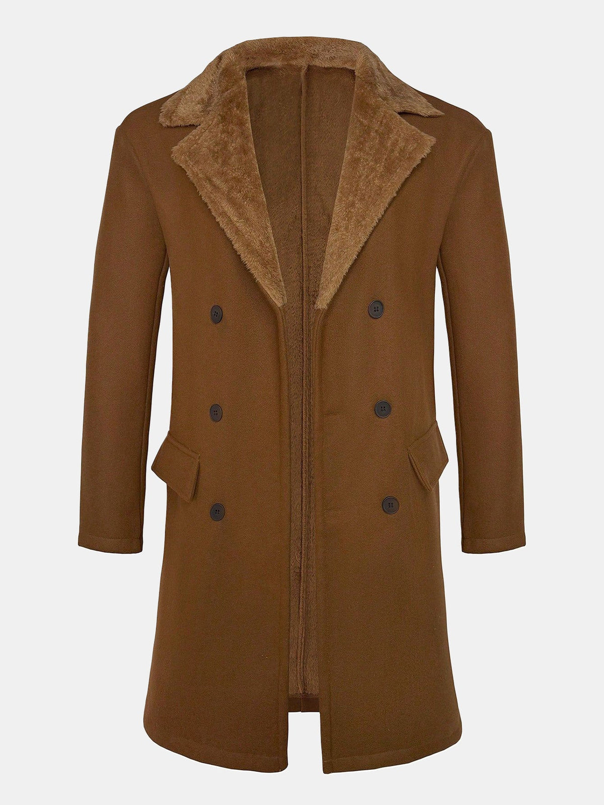 Men's Long Faux Wool Winter Coat – Double-Breasted Overcoat with Teddy Fleece Collar and Warm Lining for Smart Casual Wear