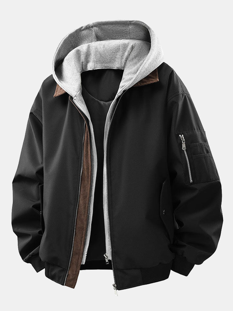 Men's Relaxed Fit Bomber Jacket with Detachable Hood – Contrast Corduroy Collar and Zip-Up Casual Outerwear for Spring and Autumn