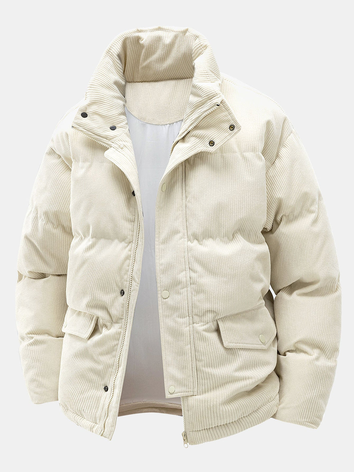 Men's Corduroy Puffer Jacket – Warm Padded Winter Outerwear with High Stand Collar and Utility Pockets