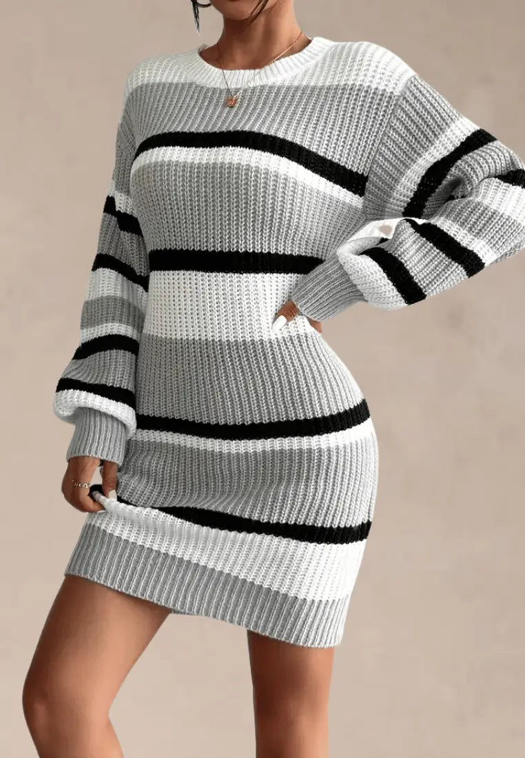 Women's Fitted Ribbed Knit Mini Sweater Dress – Long Sleeve Crew Neck Bodycon Sweater Dress for Autumn and Winter