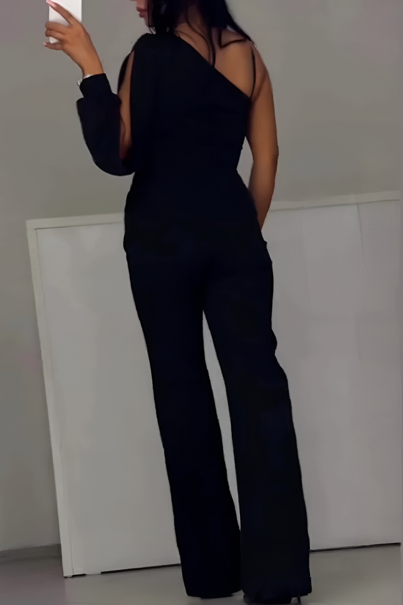 Women's One-Shoulder Wide-Leg Jumpsuit with Sheer Sequin Panel – Elegant Evening and Party Wear