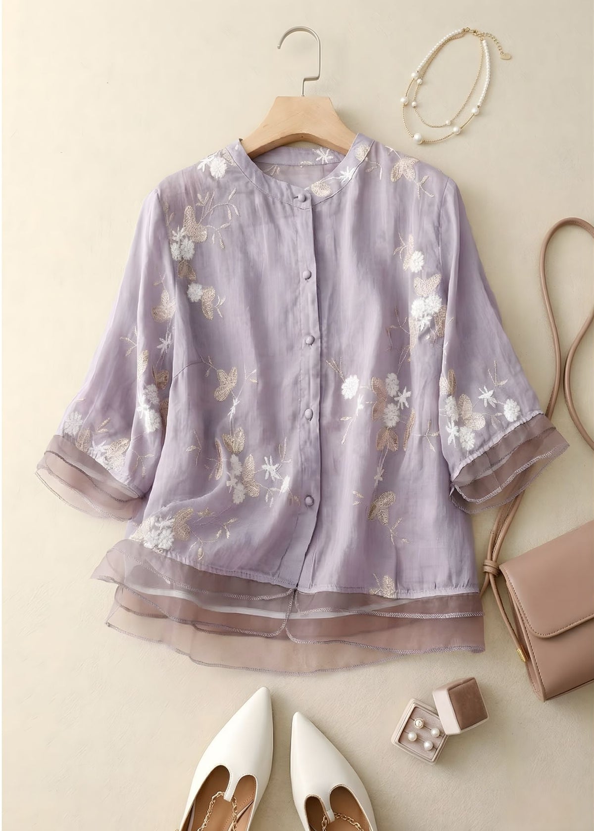 Women's Elegant Cotton Linen Blouse with Layered Organza Hem – Lightweight Printed Button Front Top for Spring and Summer Casual Wear