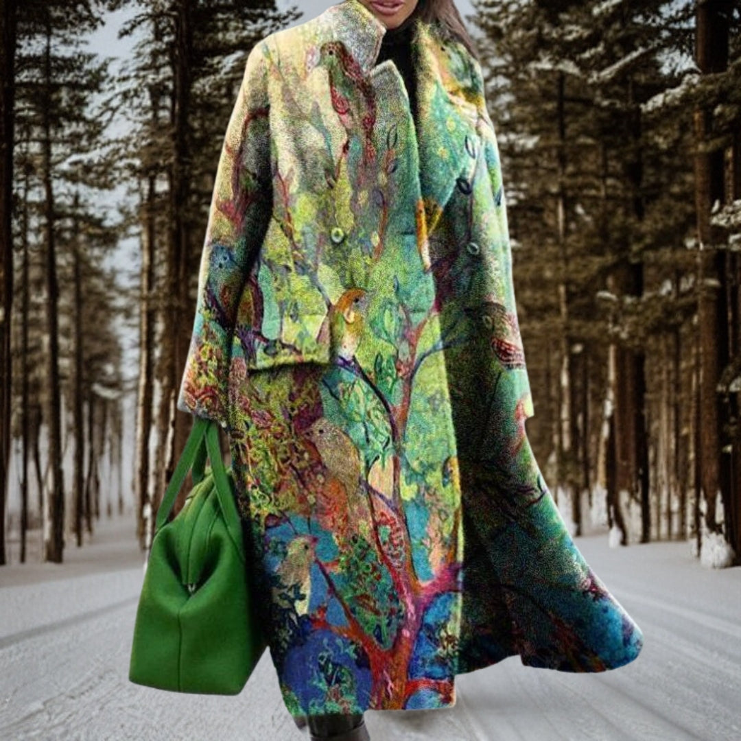 Women's Elegant Longline Winter Coat with Statement Printed Design and Wide Notched Lapels – Relaxed Fit Long Sleeve Overcoat for Sophisticated Autumn and Winter Streetwear and Smart Casual City Outfits